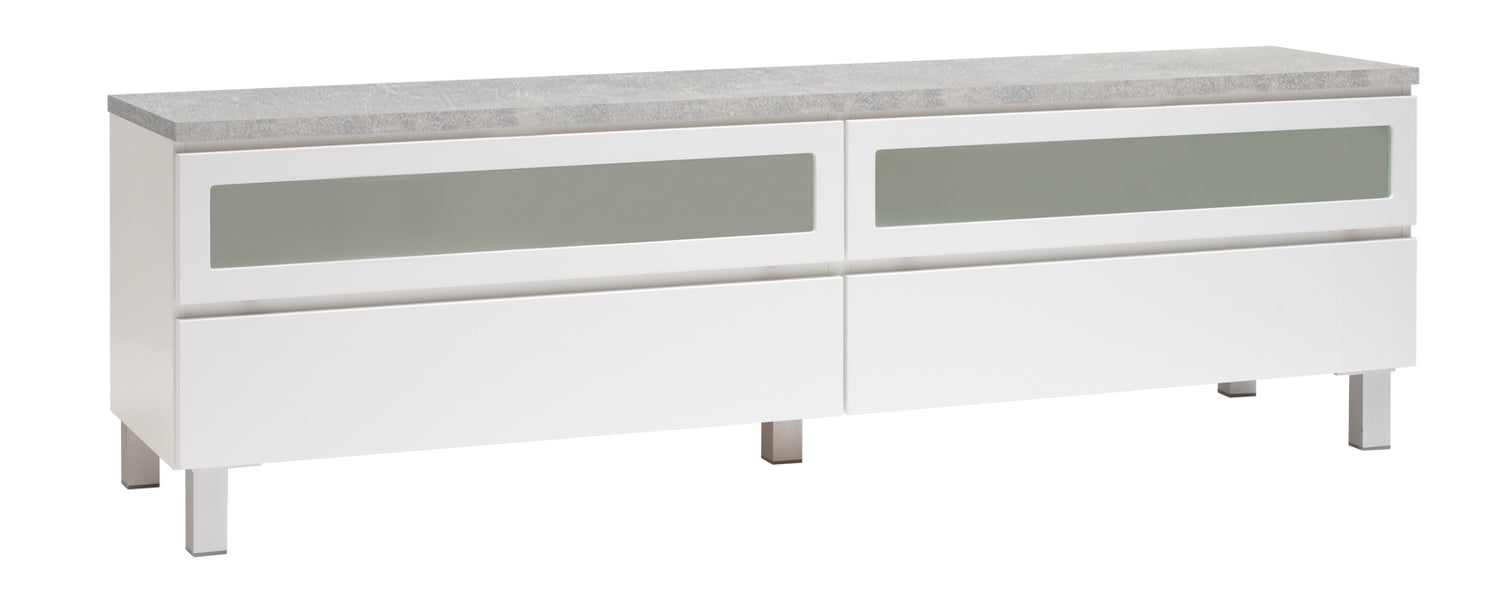 Kuvassa on 184 cm leveä valkoinen Viiva-sarjan tv-taso harmaalla betonijäljitelmän sävyisellä kannella ja hopeanvärisillä alumiinijaloilla.