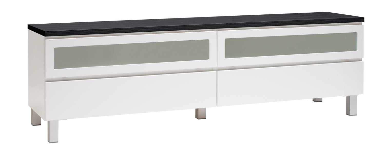 Kuvassa on 184 cm leveä valkoinen Viiva-sarjan tv-taso mustalla kannella ja hopeanvärisillä alumiinijaloilla.