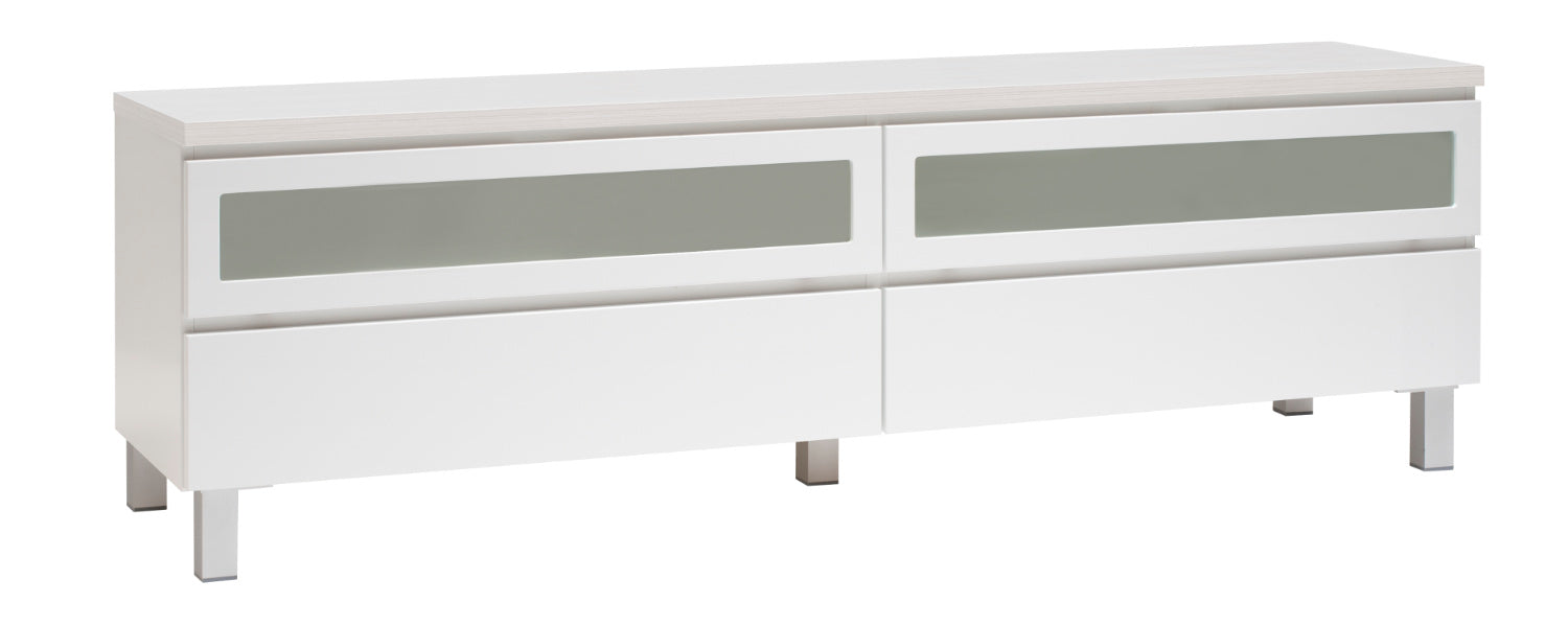 Kuvassa on 184 cm leveä valkoinen Viiva-sarjan tv-taso valkosaarninvärisellä kannella ja hopeanvärisillä alumiinijaloilla.