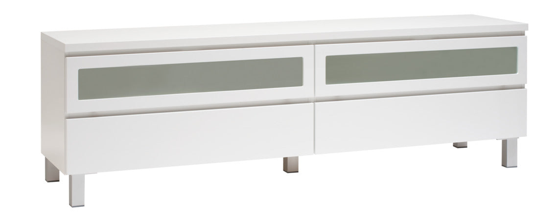 Kuvassa on 184 cm leveä kokovalkoinen Viiva-sarjan tv-taso hopeanvärisillä alumiinijaloilla.