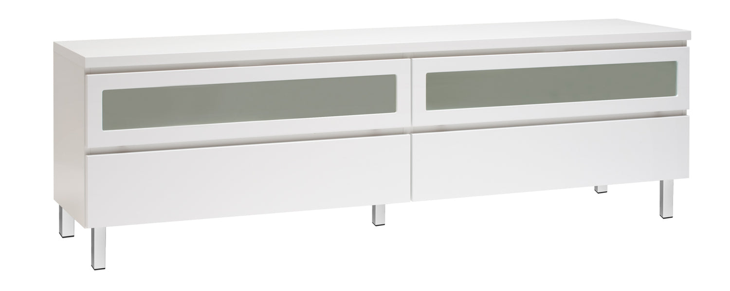 Kuvassa on 184 cm leveä kokovalkoinen Viiva-sarjan tv-taso valkoisilla metallijaloilla.