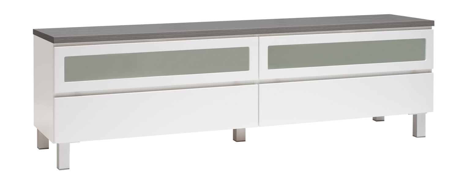 Kuvassa on 184 cm leveä valkoinen Viiva-sarjan tv-taso antrasiitinvärisellä kansilevyllä ja hopeanvärisillä alumiinijaloilla.