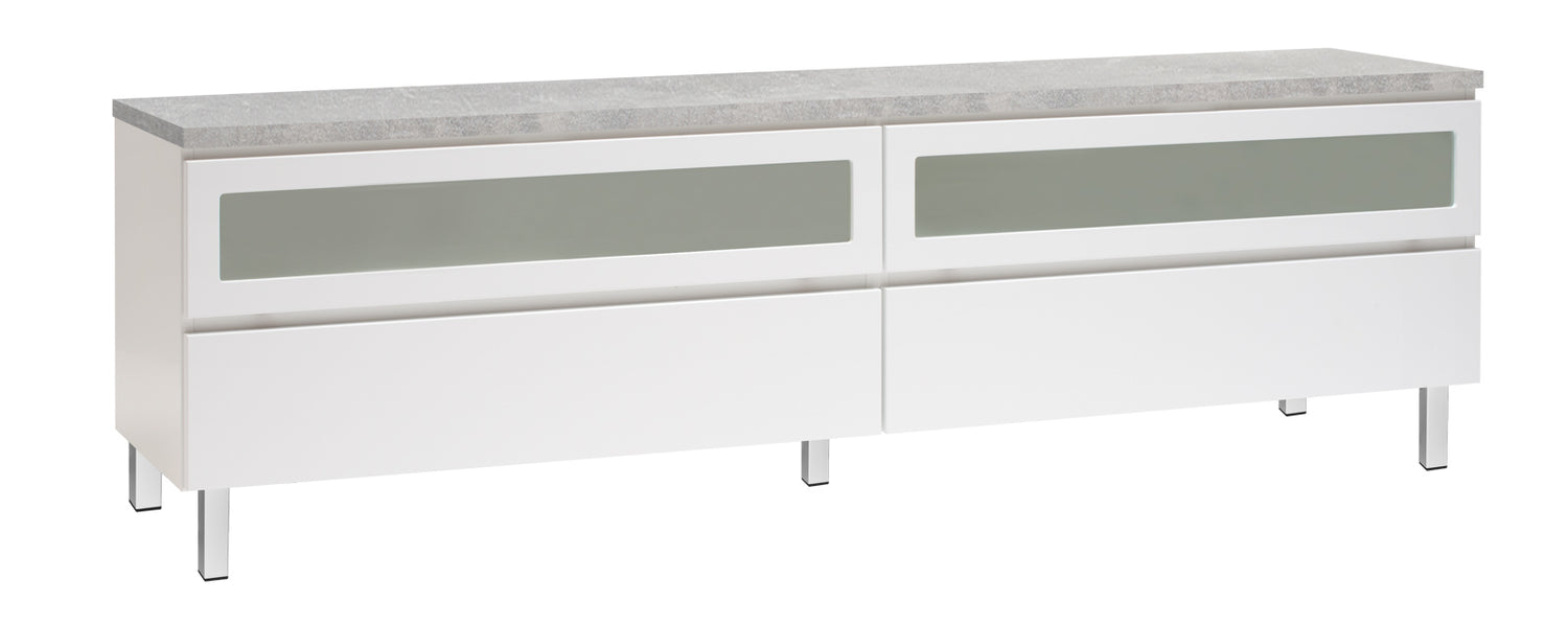 Kuvassa on 184 cm leveä valkoinen Viiva-sarjan tv-taso harmaalla betonijäljitelmän sävyisellä kannella ja valkoisilla metallijaloilla.