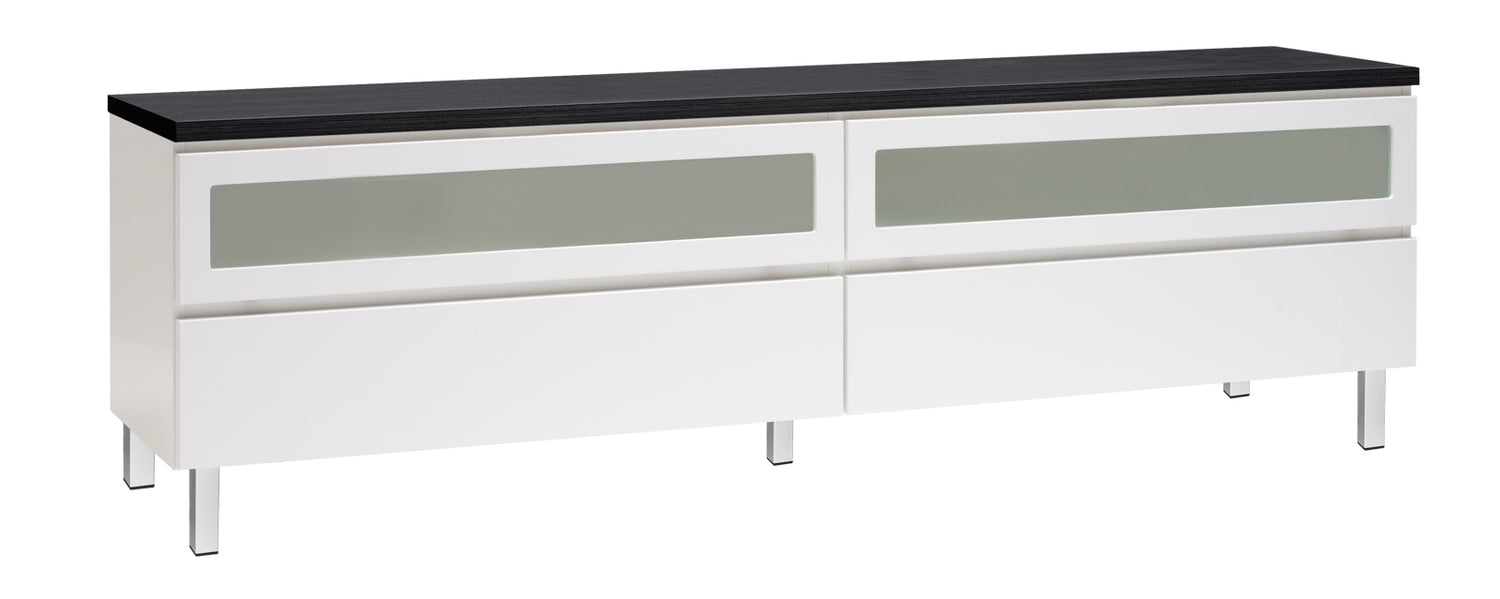 Kuvassa on 184 cm leveä valkoinen Viiva-sarjan tv-taso mustalla kannella ja valkoisilla metallijaloilla.