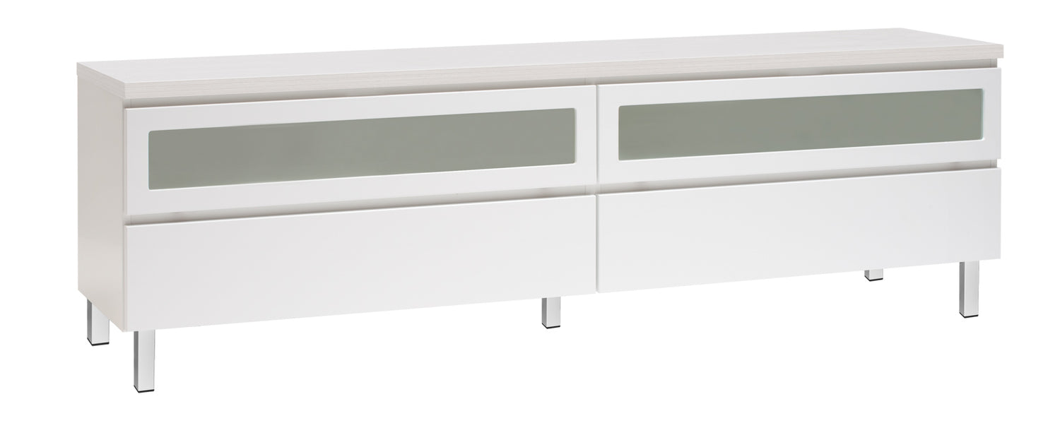 Kuvassa on 184 cm leveä valkoinen Viiva-sarjan tv-taso valkosaarninvärisellä kannella ja valkoisilla metallijaloilla.