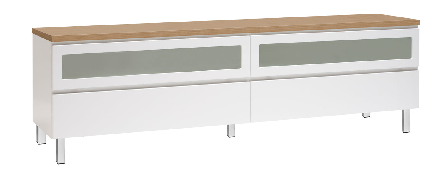 Kuvassa on 184 cm leveä valkoinen Viiva-sarjan tv-taso tammenvärisellä kannella ja valkoisilla metallijaloilla.