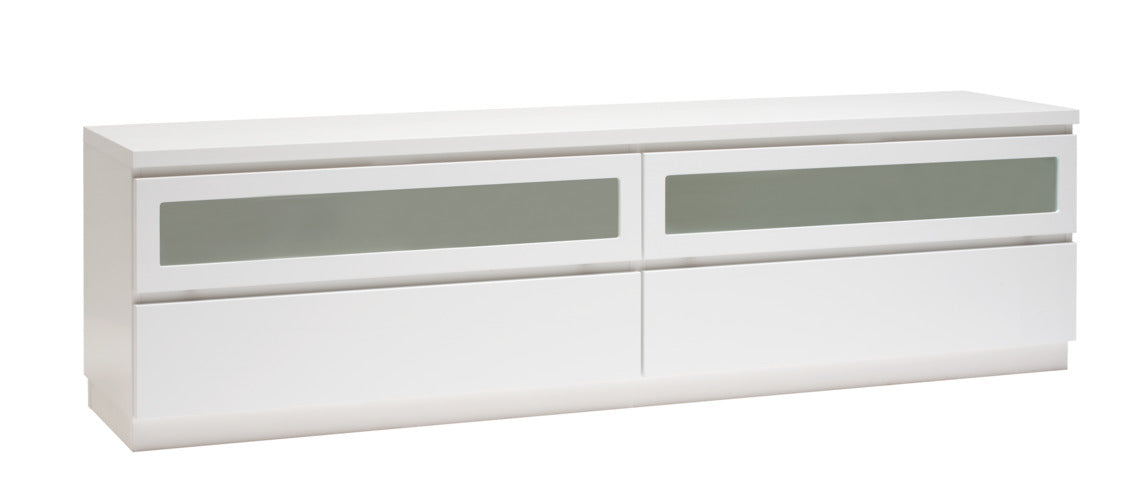 Kuvassa on 184 cm leveä kokovalkoinen Viiva-sarjan tv-taso valkoisella jalkasokkelilla.