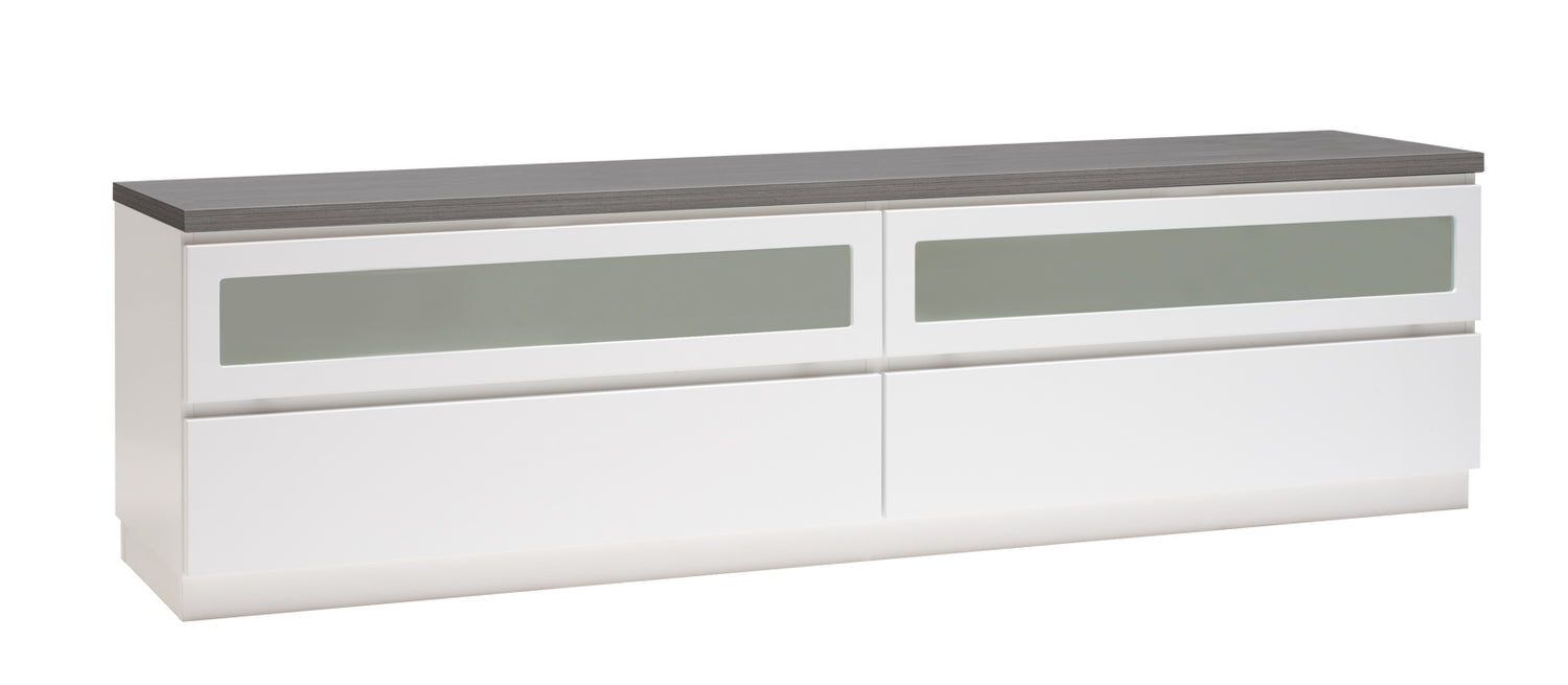 Kuvassa on 184 cm leveä valkoinen Viiva-sarjan tv-taso antrasiitinvärisellä kansilevyllä ja valkoisella jalkasokkelilla.