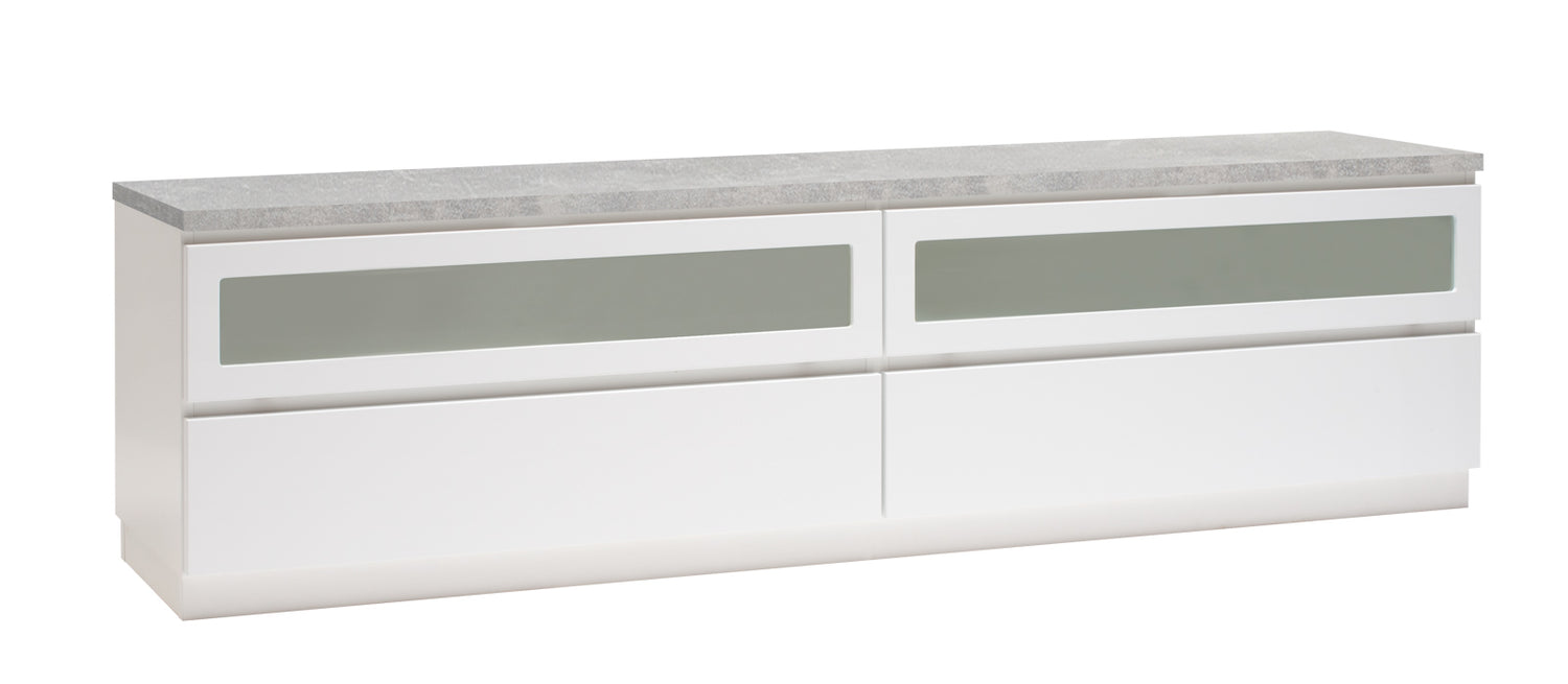 Kuvassa on 184 cm leveä valkoinen Viiva-sarjan tv-taso harmaalla betonijäljitelmän sävyisellä kannella ja valkoisella jalkasokkelilla.