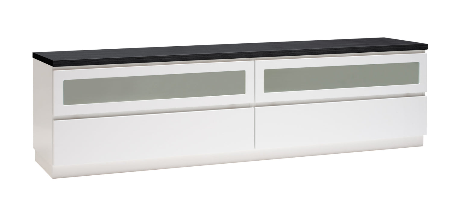 Kuvassa on 184 cm leveä valkoinen Viiva-sarjan tv-taso mustalla kannella ja valkoisella jalkasokkelilla.