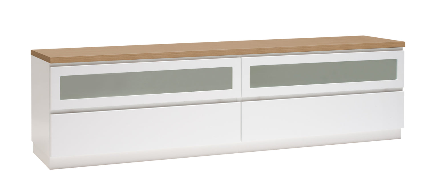 Kuvassa on 184 cm leveä valkoinen Viiva-sarjan tv-taso tammenvärisellä kannella ja valkoisella sokkelijalalla.