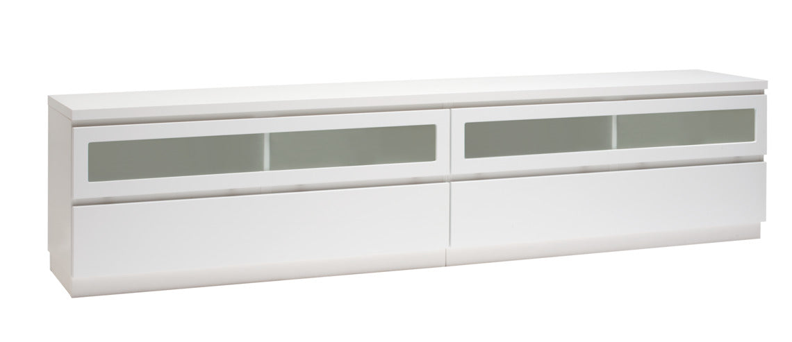 Kuvassa on 220 cm leveä kokovalkoinen Viiva-sarjan tv-taso valkoisella jalkasokkelilla.