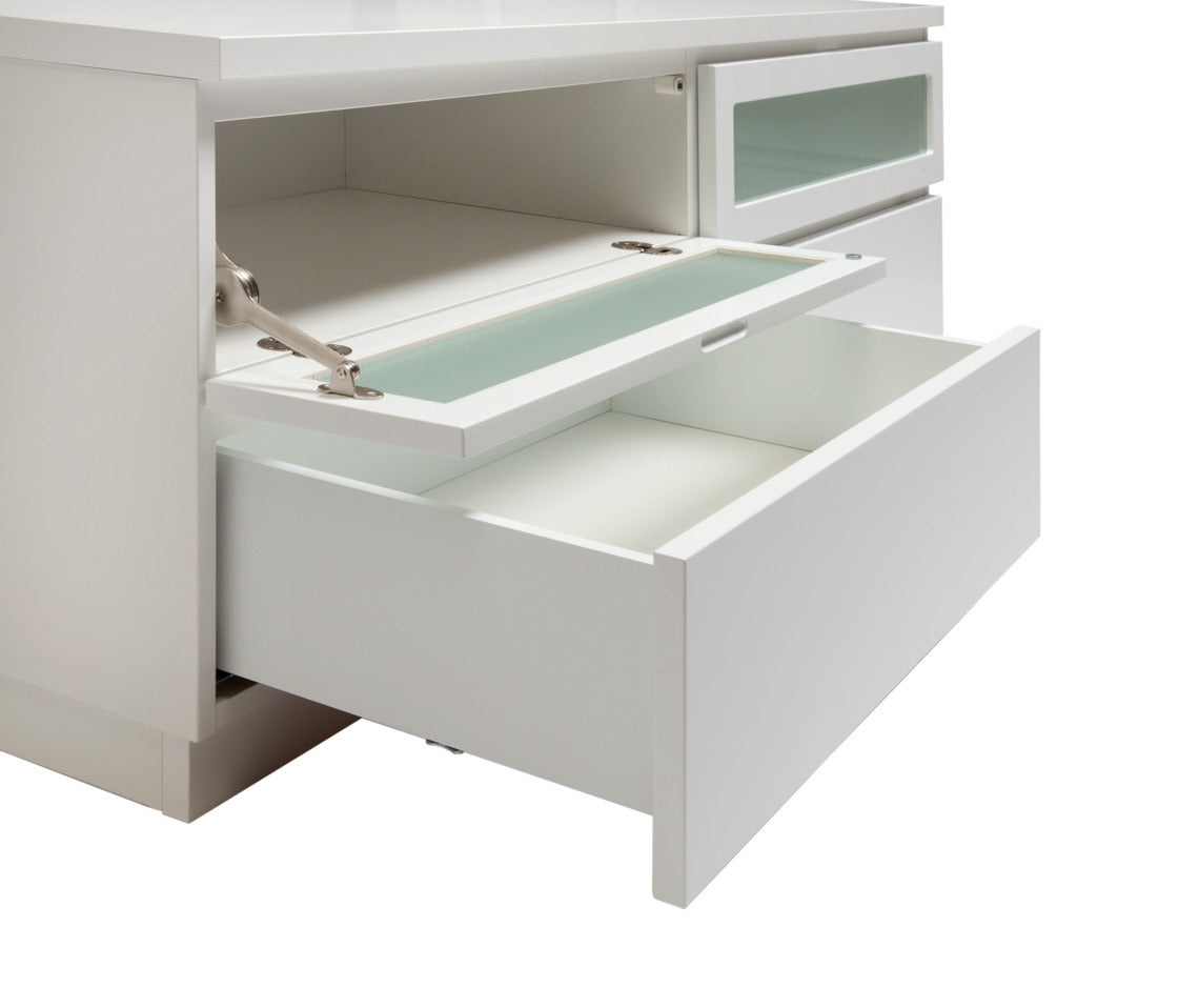 Lähikuvassa on kokovalkoisen Viiva-sarjan tv-tason avonaiset klaffiovi, sekä laatikko.