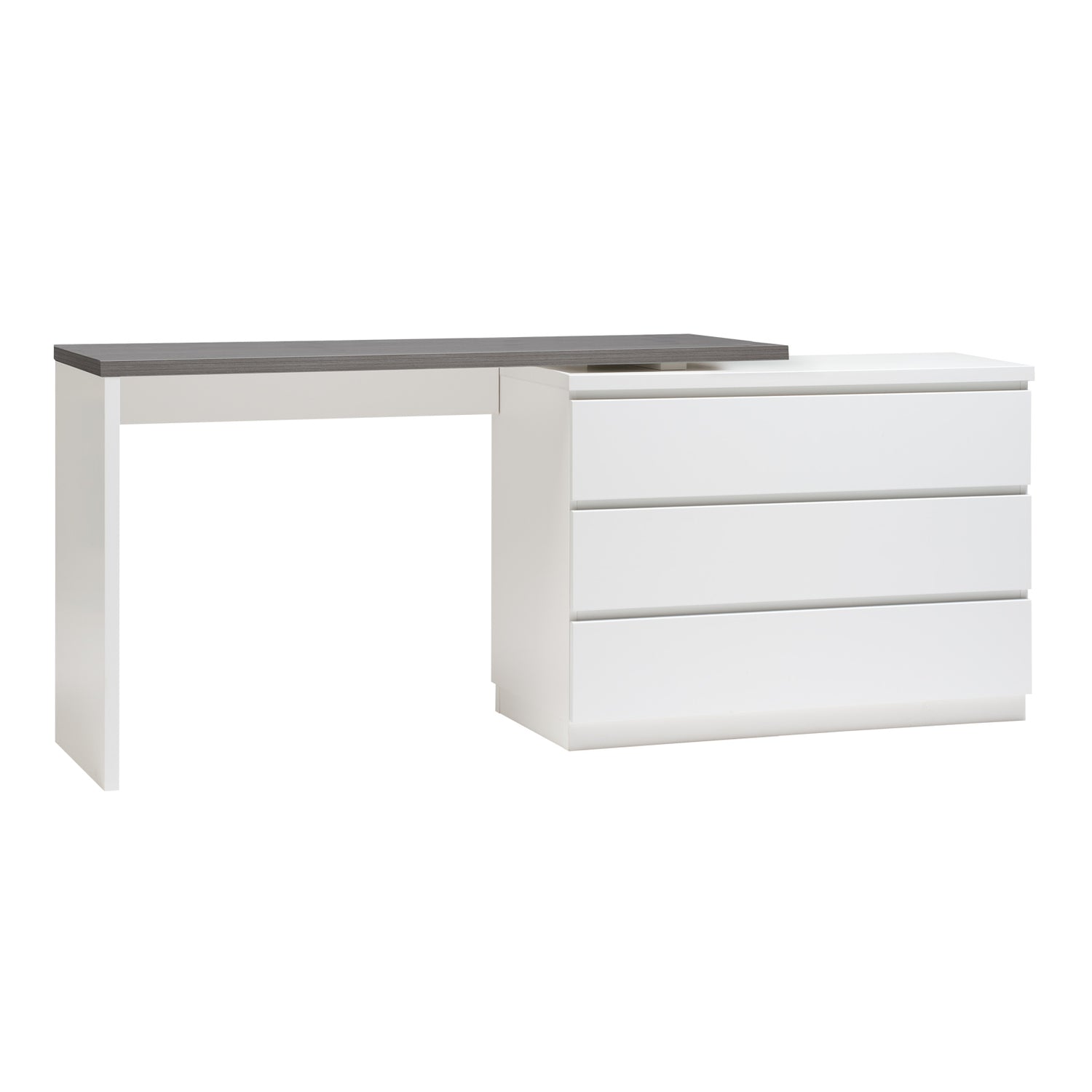 Kuvassa on valkoinen 183 cm leveä Viiva-kirjoituspöytä antrasiitinvärisellä kansilevyllä.