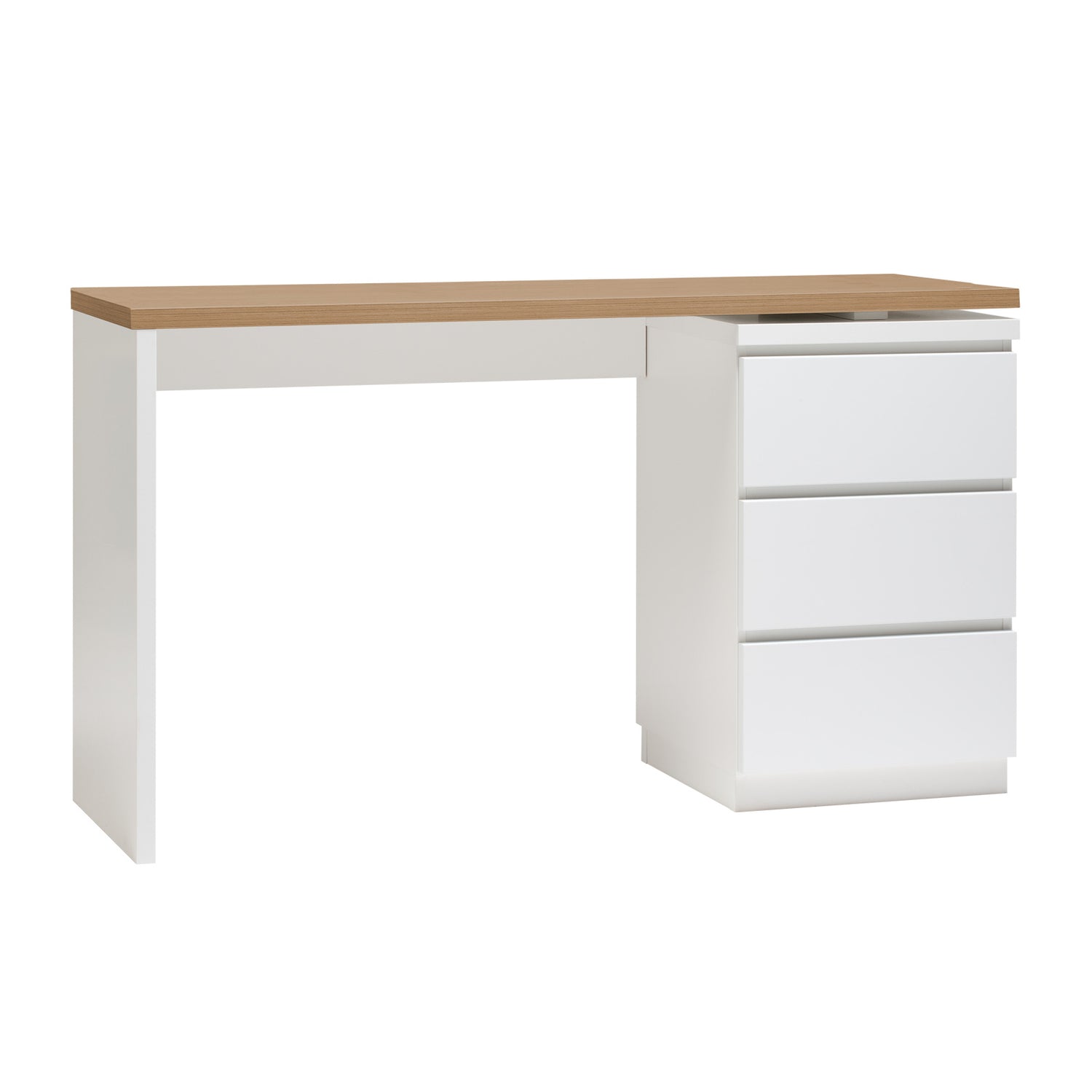 Kuvassa on valkoinen 137 cm leveä Viiva-työpöytä tammenvärisellä kansilevyllä.