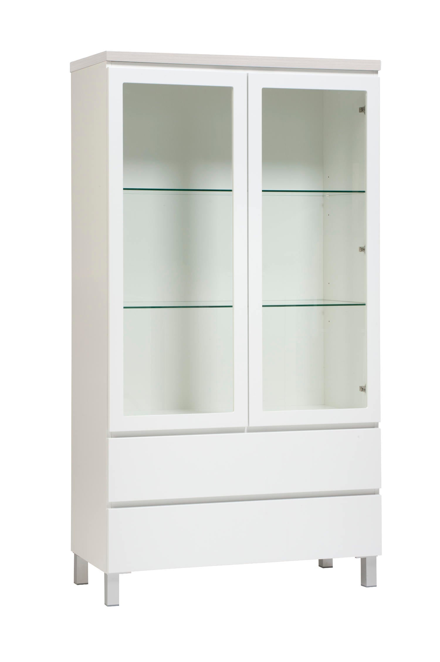 Kuvassa on 92 cm leveä valkoinen Viiva-vitriini valkosaarninvärisellä kannella ja hopeanvärisillä alumiinijaloilla.