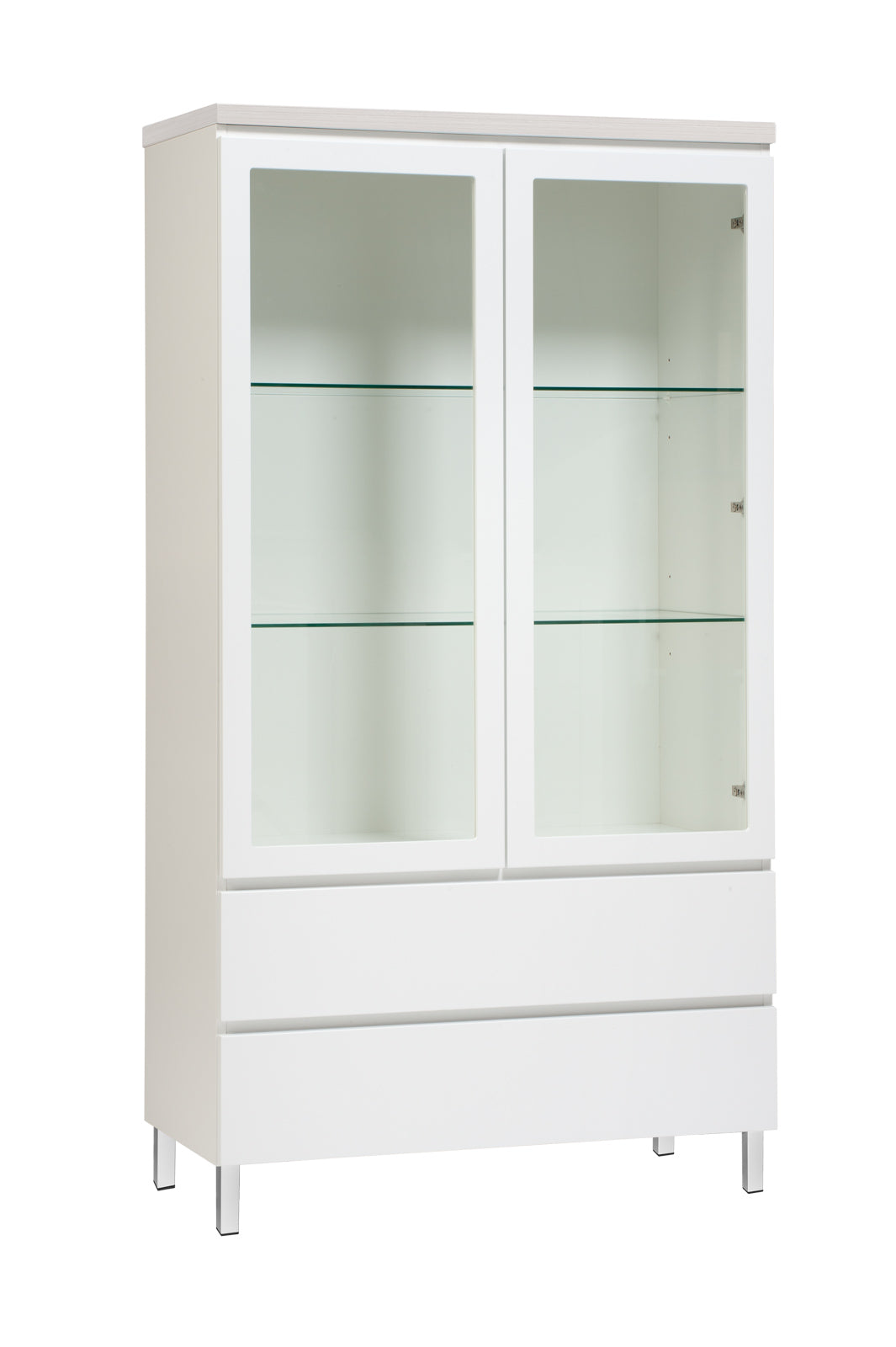 Kuvassa on 92 cm leveä valkoinen Viiva-vitriini valkosaarninvärisellä kannella ja valkoisilla metallijaloilla.