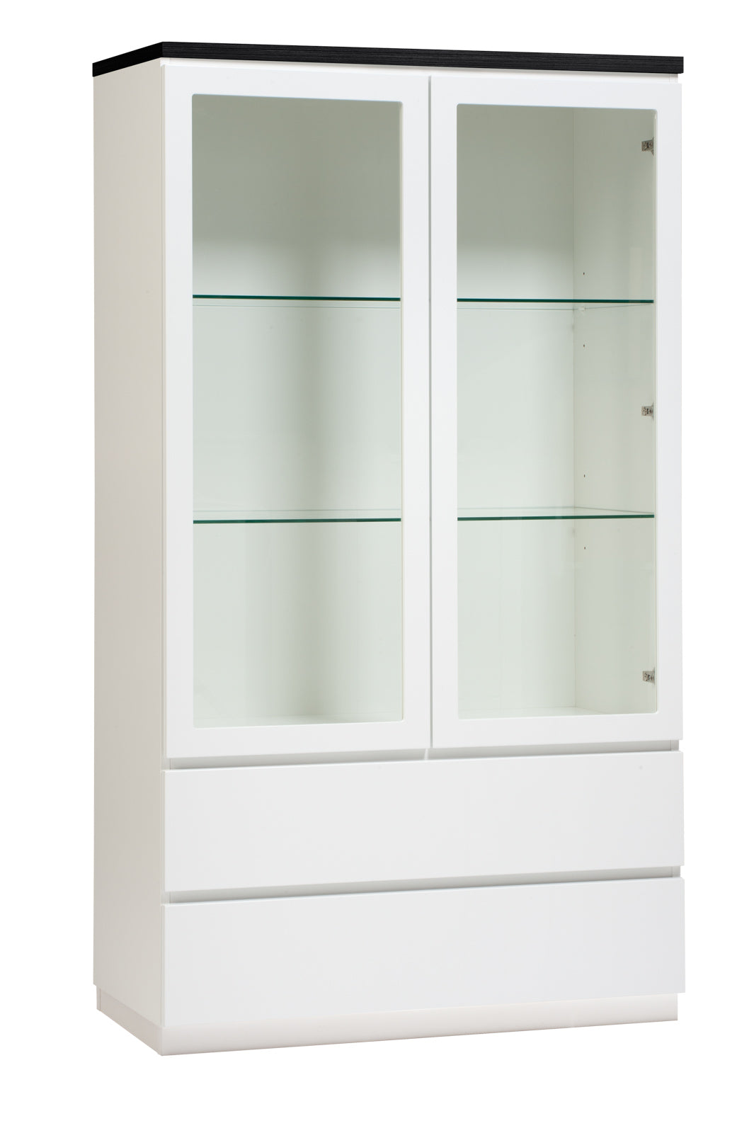 Kuvassa on 92 cm leveä valkoinen Viiva-vitriini mustalla kannella ja valkoisella jalkasokkelilla.