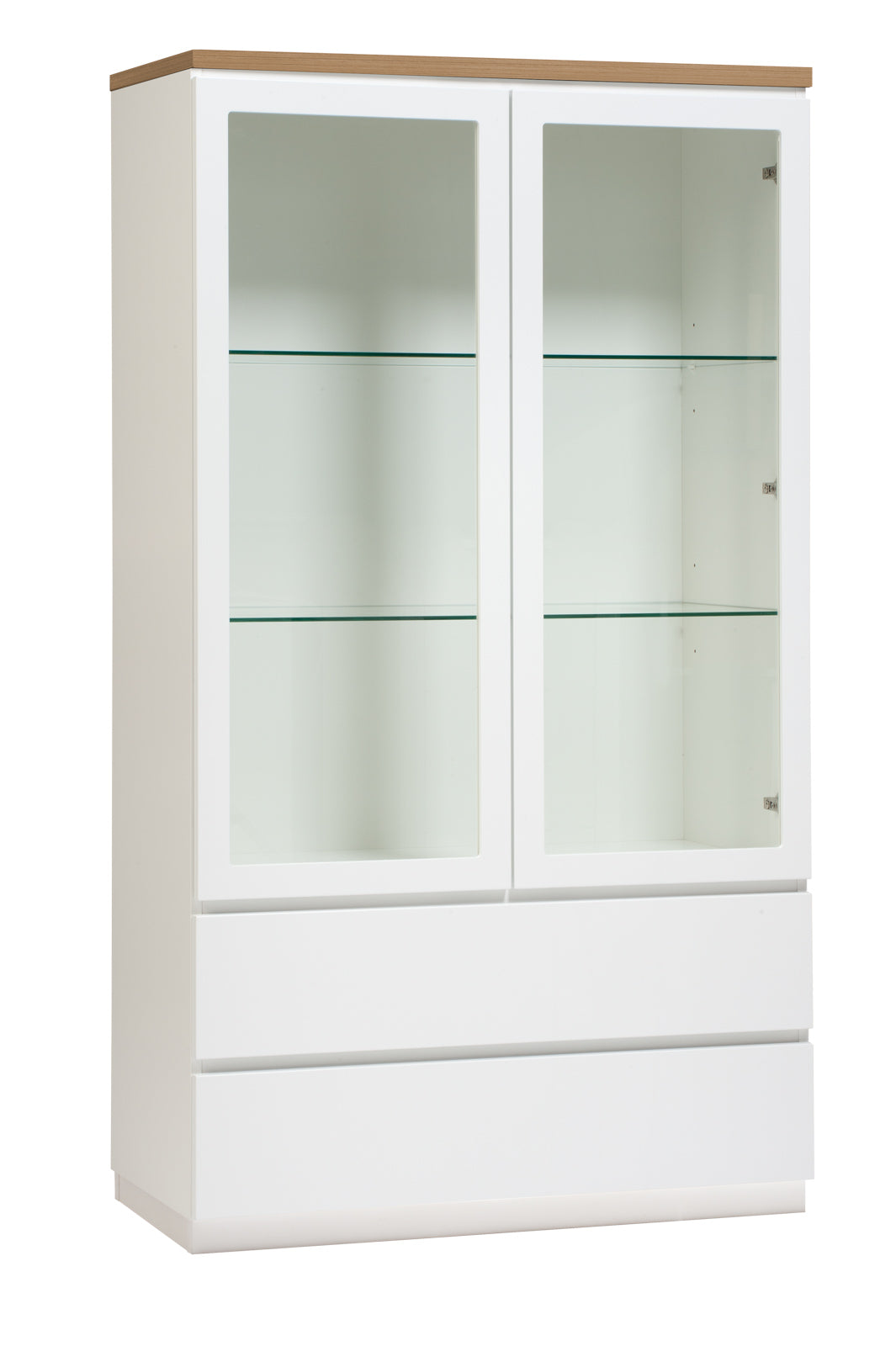 Kuvassa on 92 cm leveä valkoinen Viiva-vitriini tammenvärisellä kannella ja valkoisella sokkelijalalla.