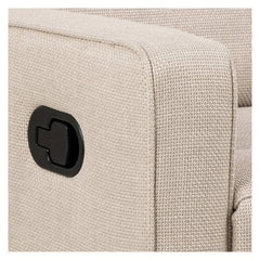 Lähikuvassa Sanderson recliner-nojatuolin mekanismin laukaisukahva, beige kangasverhoilu.