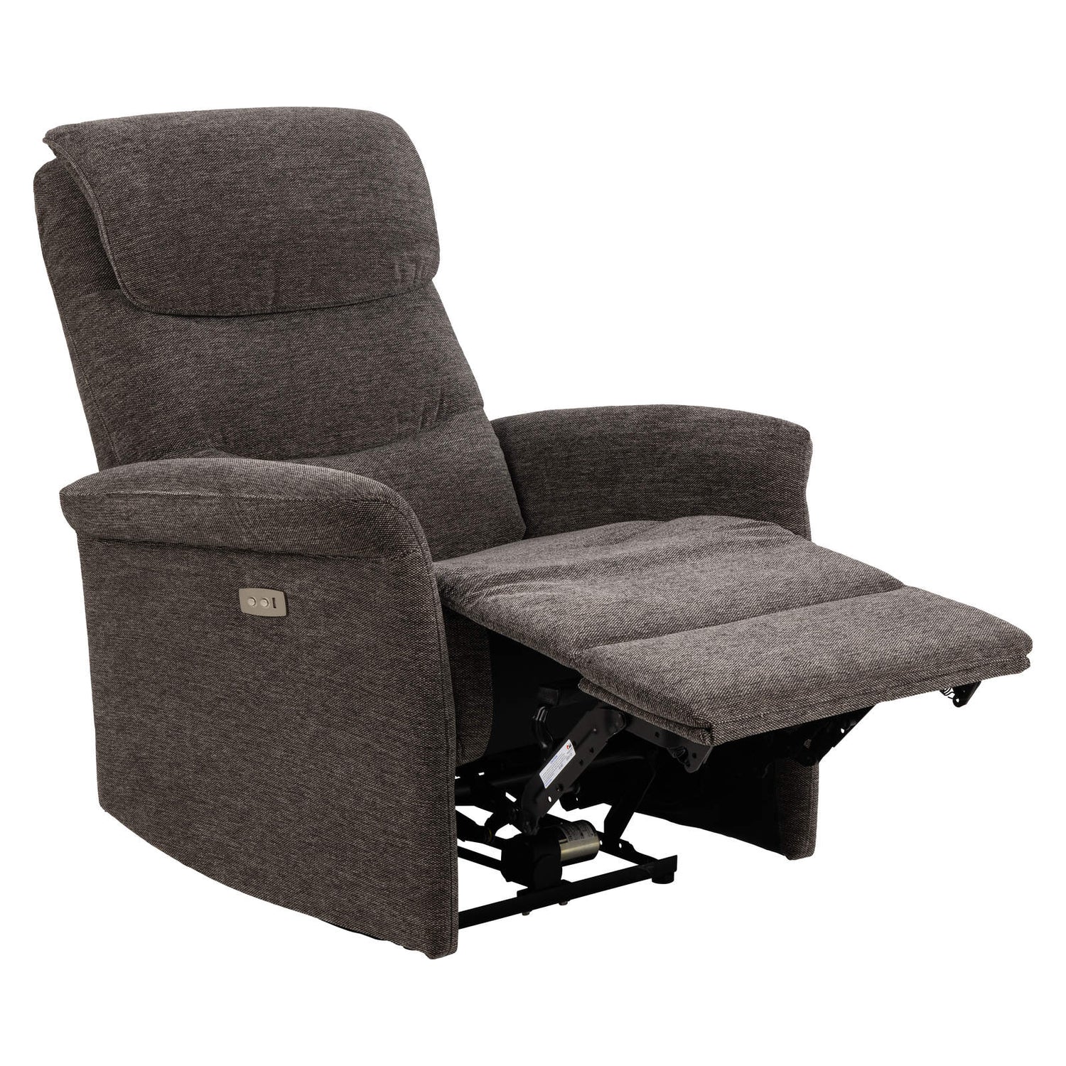 Sähköinen Sanderson recliner-nojatuoli, tummanharmaa kangasverhoilu.