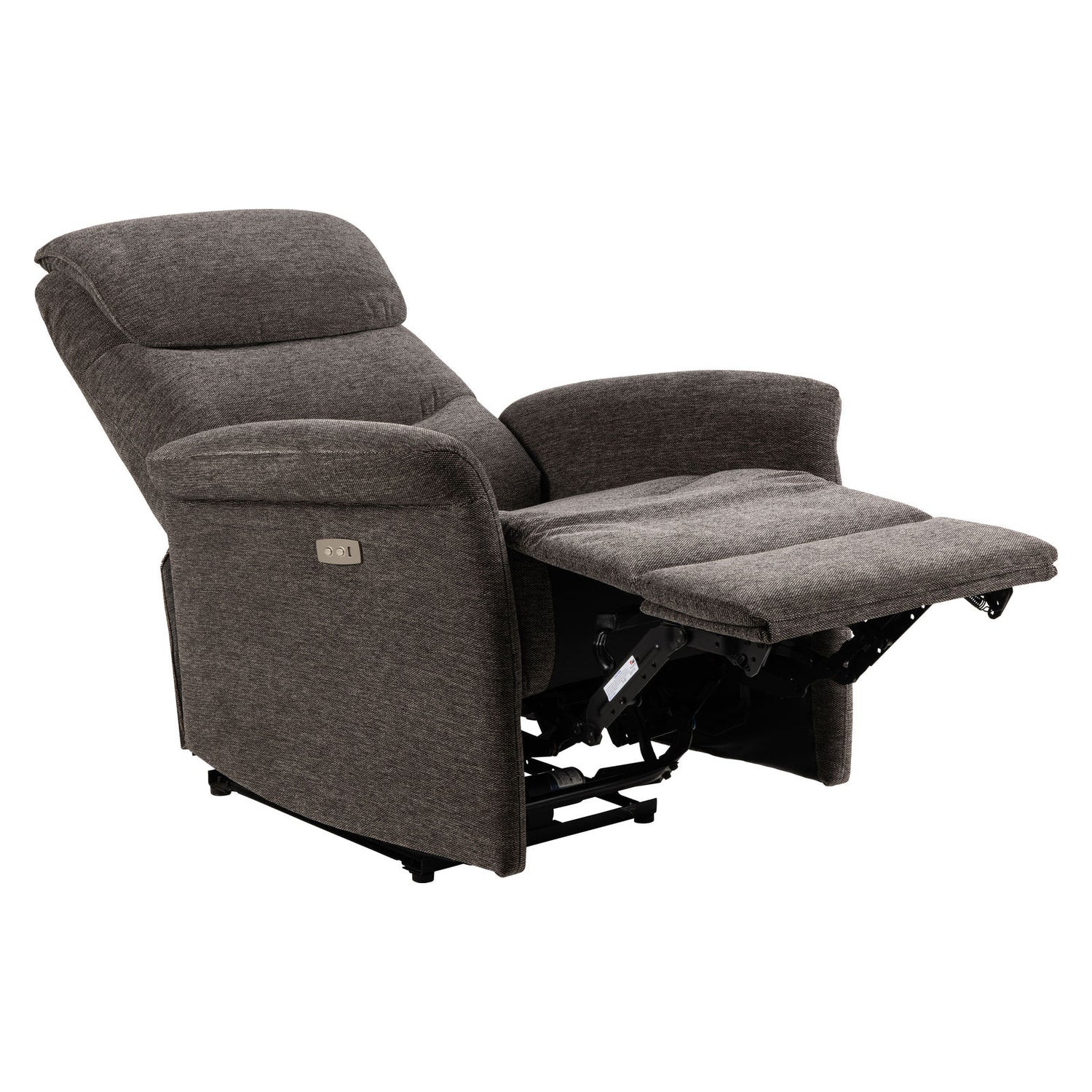 Sähköinen Sanderson recliner-nojatuoli, tummanharmaa kangasverhoilu.