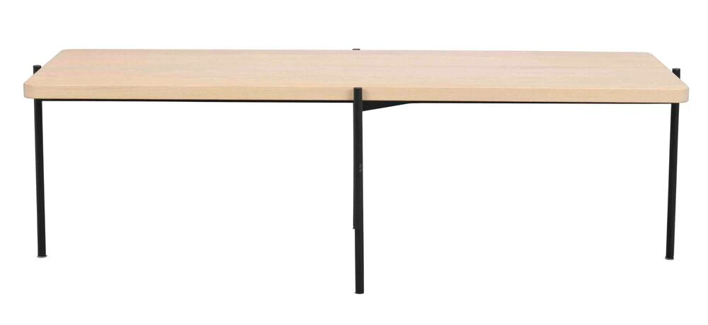 Valkotammenvärinen Shelton-sohvapöytä 145 x 60 cm. Mustat metallijalat.