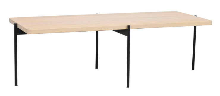 Valkotammenvärinen Shelton-sohvapöytä 145 x 60 cm. Mustat metallijalat.