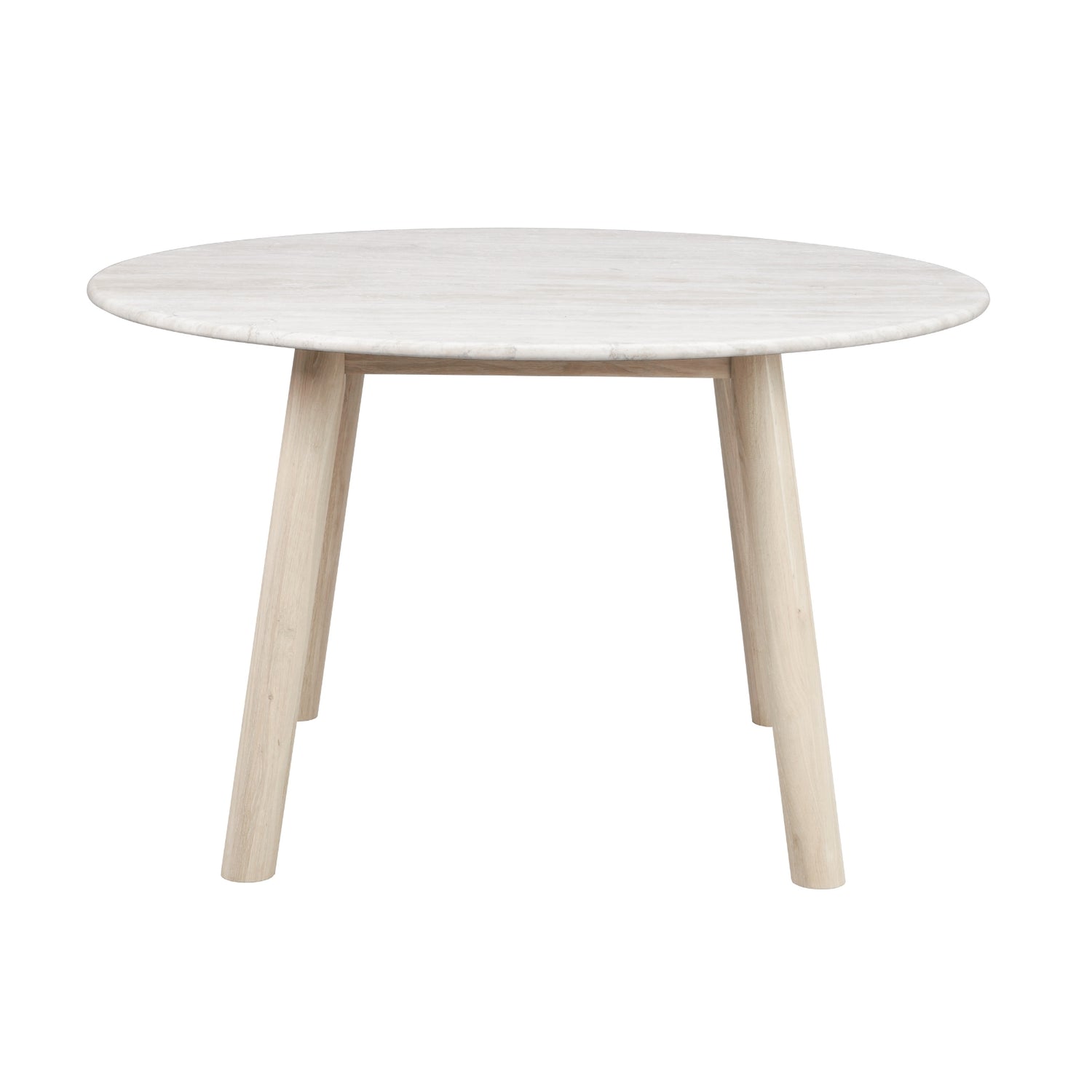 Valkotammenvärinen Taransay-ruokapöytä 125 cm. Pöytätaso on travertiinikiveä ja jalat FSC-sertifioitua tammea.