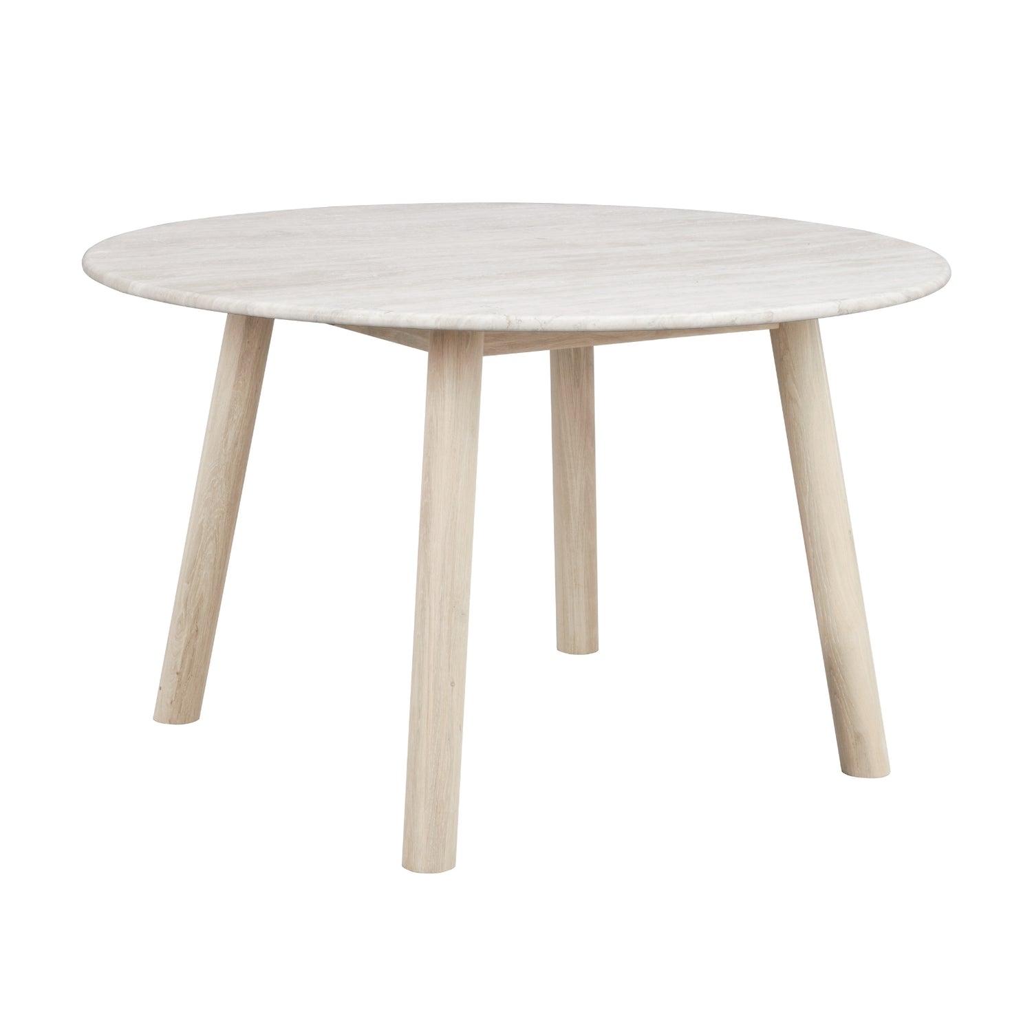 Valkotammenvärinen Taransay-ruokapöytä 125 cm. Pöytätaso on travertiinikiveä ja jalat FSC-sertifioitua tammea.