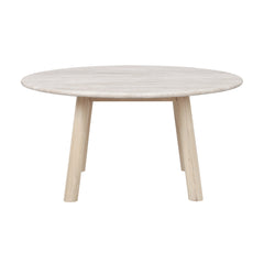 Valkotammenvärinen Taransay-sohvapöytä 90 cm. Pöytätaso on travertiinikiveä ja jalat lakattua massiivitammea.