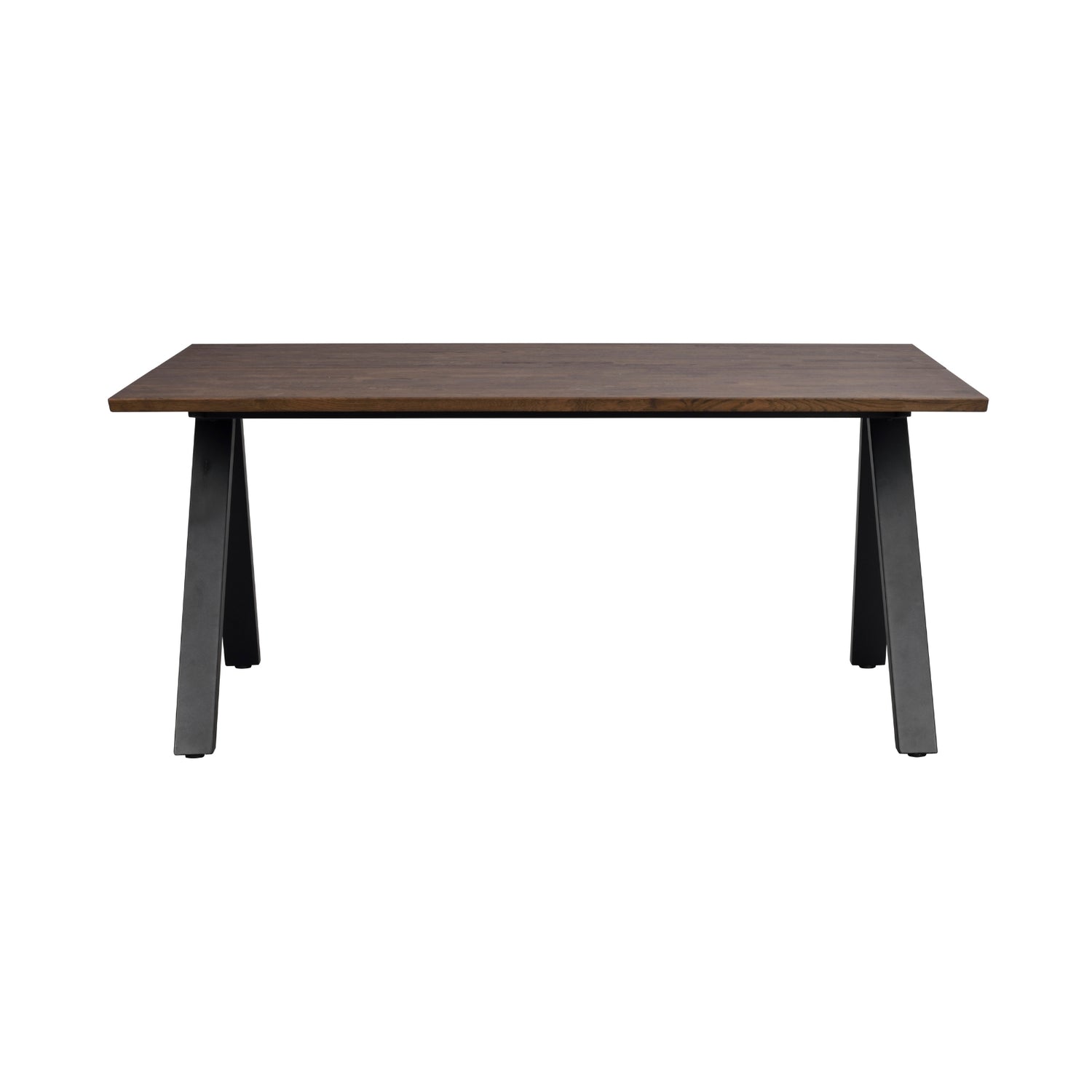 Carradale-ruokapöytä ruskealla kannella ja mustilla V-mallisilla metallijaloilla.