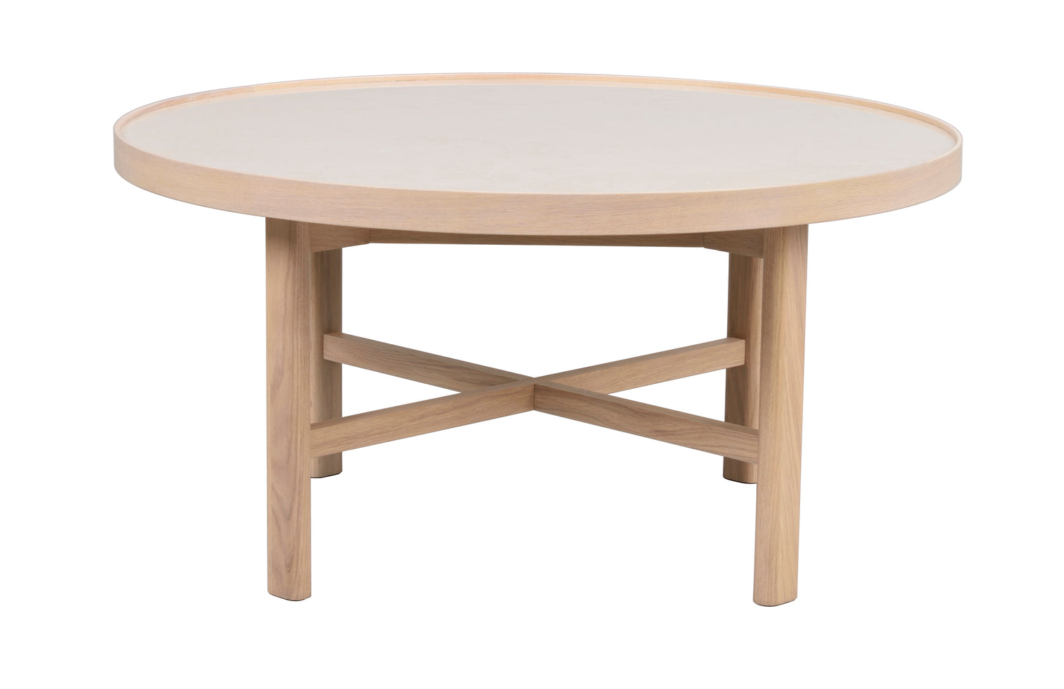 Valkotammenvärinen Marsden-sohvapöytä 90 cm. Beige keraaminen kansi.