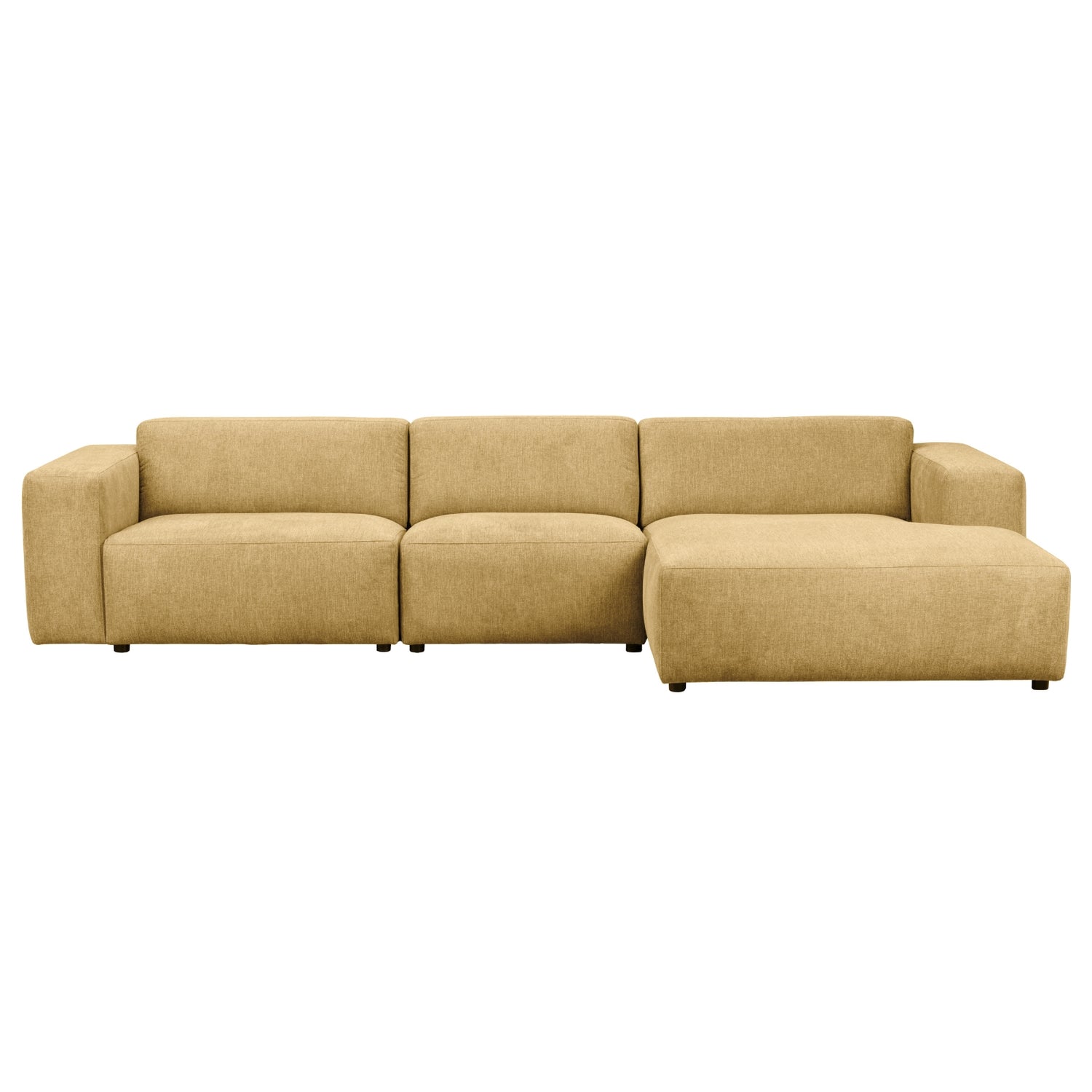 Neljän istuttava Willard-divaanisohva keltaisella Brenda (#68)-kankaalla. Divaani oikealla.