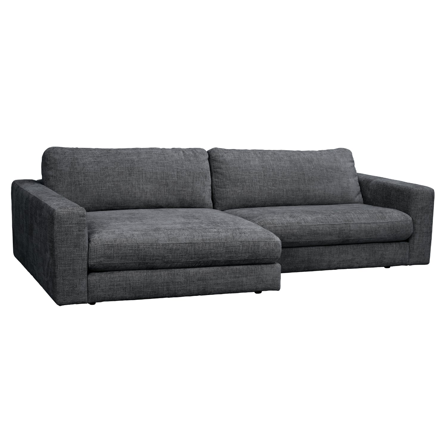 Tummanharmaa Duncan 3-istuttava sohva Robin (#66)-kankaalla. Divaaniosa vasemmalla.