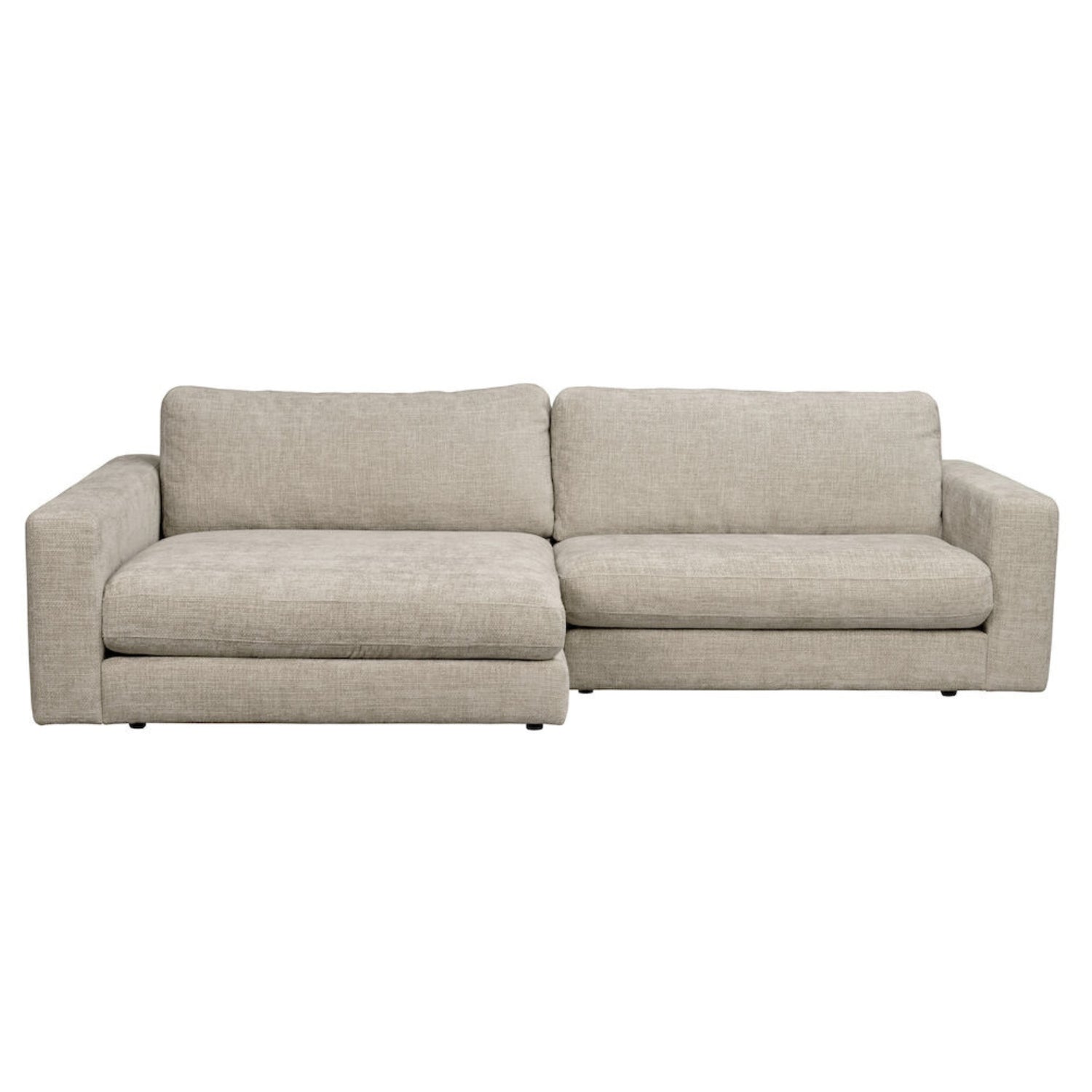 Vaaleanharmaa Duncan 3-istuttava sohva Robin (#109)-kankaalla. Divaaniosa vasemmalla.