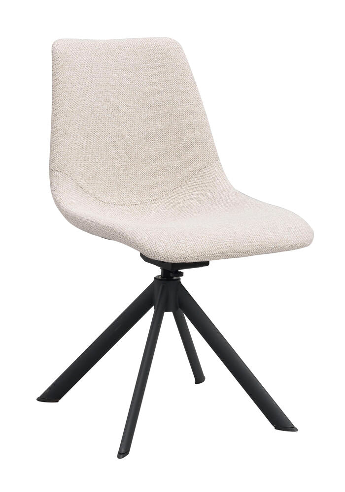 Dunmore-tuoli vaalean beigellä kangasverhoilulla ja mustilla metallijaloilla.