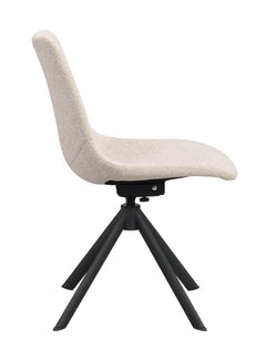 Dunmore-tuoli vaalean beigellä kangasverhoilulla ja mustilla metallijaloilla.