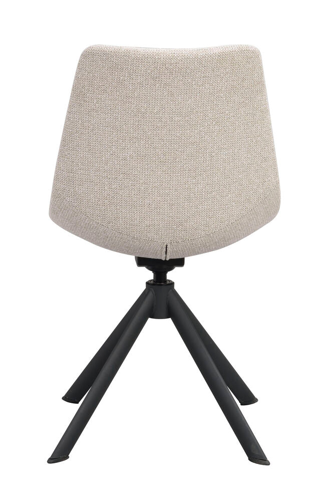 Dunmore-tuoli vaalean beigellä kangasverhoilulla ja mustilla metallijaloilla.