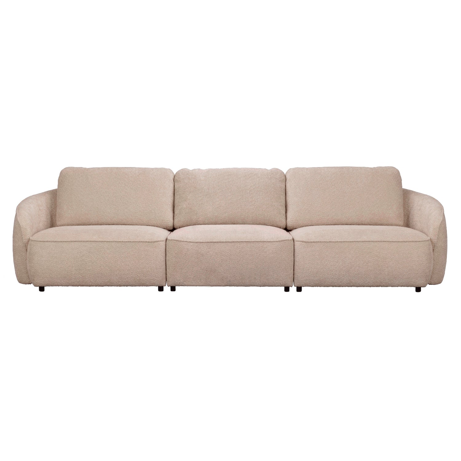 Vaalean beige Norris 4h -sohva Anna 2-kankaalla ja mustilla 5 cm korkeilla jaloilla.