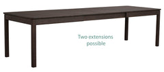 Ruskea Gardner-ruokapöytä jatkettuna kahdella erikseen myytävällä jatkolevyllä yht. 3 m.