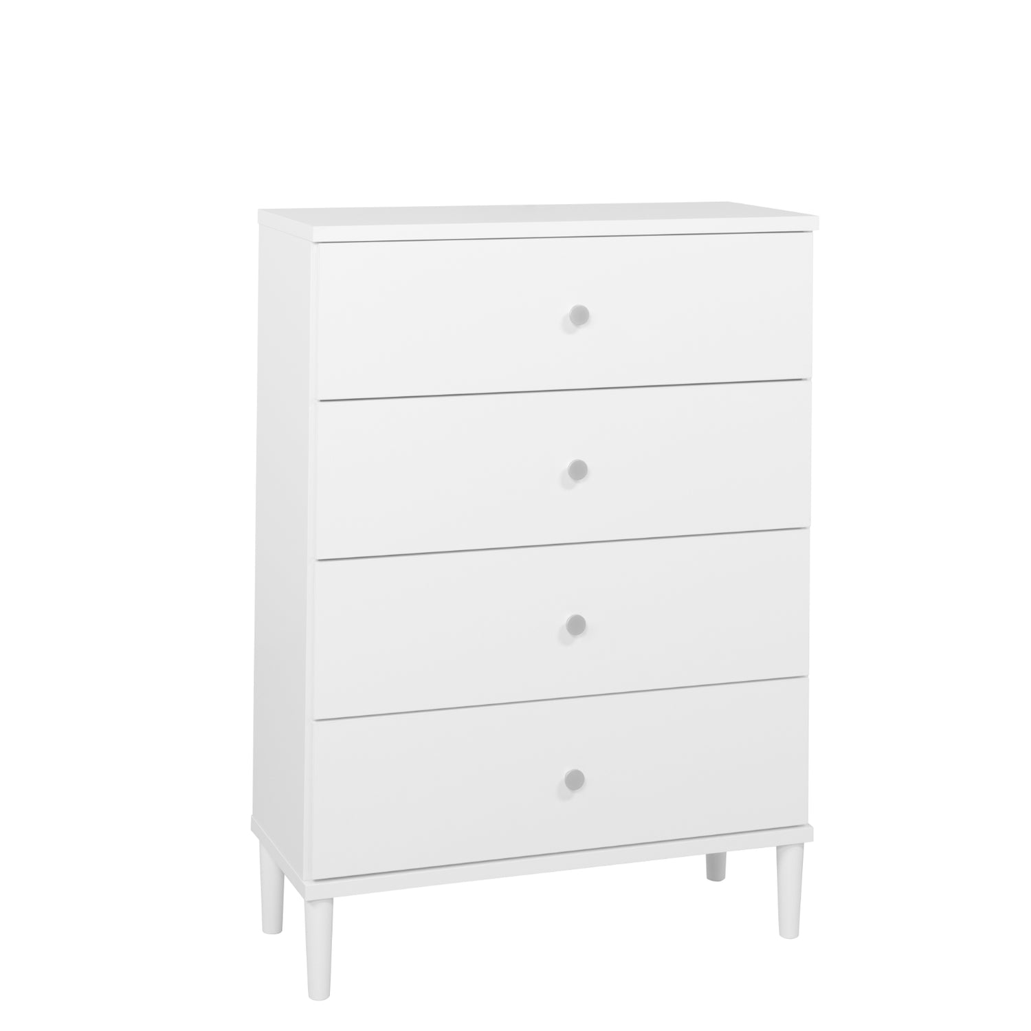 Tuomi-laatikosto, valkoinen alumiininvärisillä vetimillä.