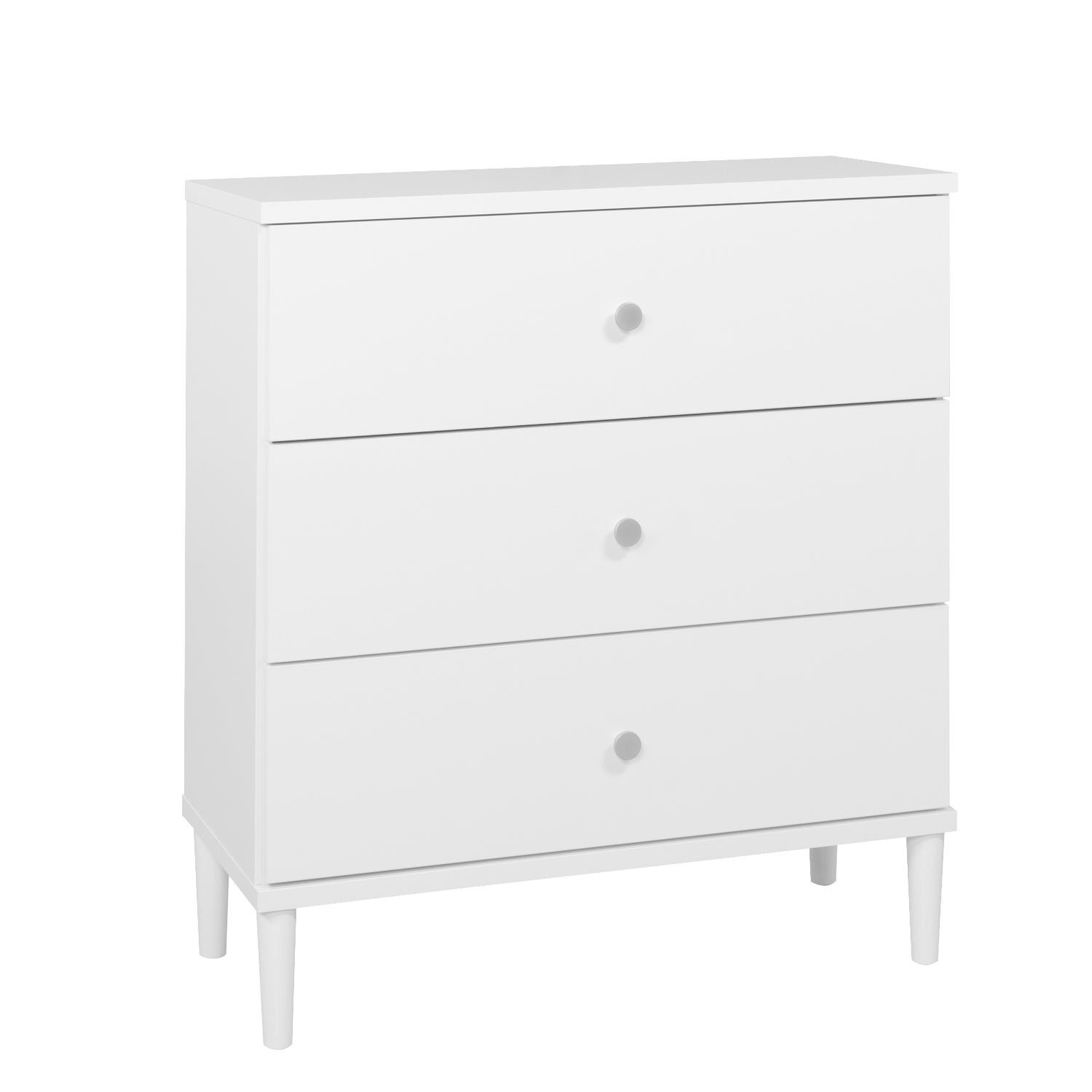 Tuomi-laatikosto, valkoinen alumiininvärisillä vetimillä.