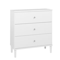 Tuomi-laatikosto, valkoinen alumiininvärisillä vetimillä.