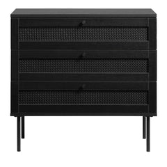 Pensacola-laatikosto, musta. 3-laatikkoisen lipaston laatikoiden etulevyissä on yksityiskohtana polyrottinki. Mustat metallijalat.