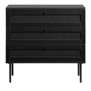 Pensacola-laatikosto, musta. 3-laatikkoisen lipaston laatikoiden etulevyissä on yksityiskohtana polyrottinki. Mustat metallijalat.