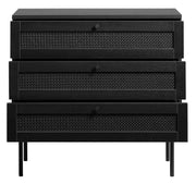 Pensacola-laatikosto, musta. 3-laatikkoisen lipaston laatikoiden etulevyissä on yksityiskohtana polyrottinki. Mustat metallijalat.