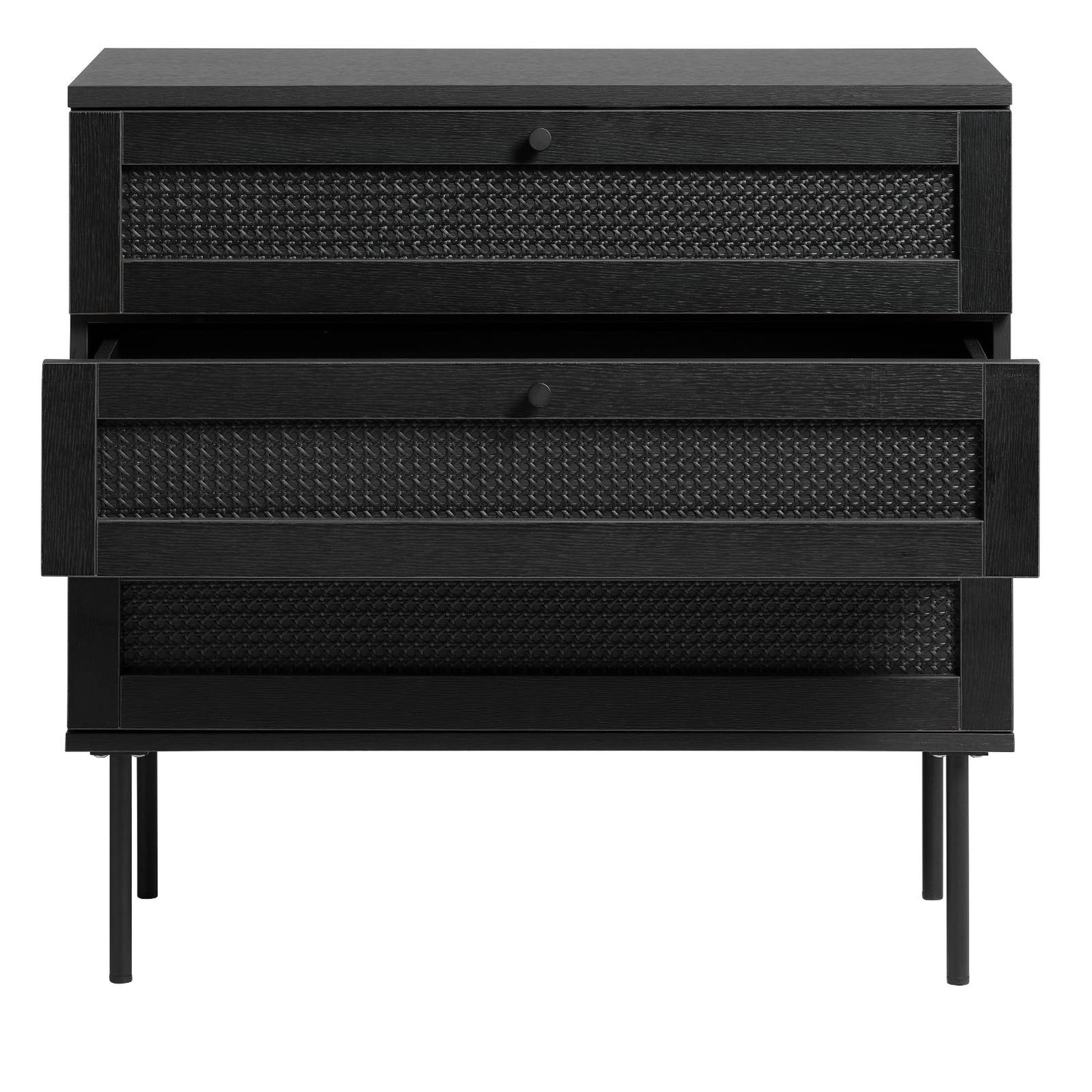 Pensacola-laatikosto, musta. 3-laatikkoisen lipaston laatikoiden etulevyissä on yksityiskohtana polyrottinki. Mustat metallijalat.