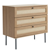 Pensacola-laatikosto, luonnonvärinen tammi. 3-laatikkoisen lipaston laatikoiden etulevyissä on yksityiskohtana polyrottinki. Mustat metallijalat.