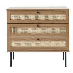 Pensacola-laatikosto, luonnonvärinen tammi. 3-laatikkoisen lipaston laatikoiden etulevyissä on yksityiskohtana polyrottinki. Mustat metallijalat.